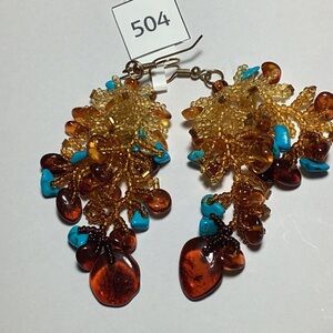 #504 Vintage Genuine Amber & Turquoise Dangle Earrings, Artisan Made